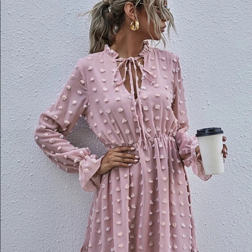 Dusty pink Swiss Dot Tie Neck Ruffle Hem Dress